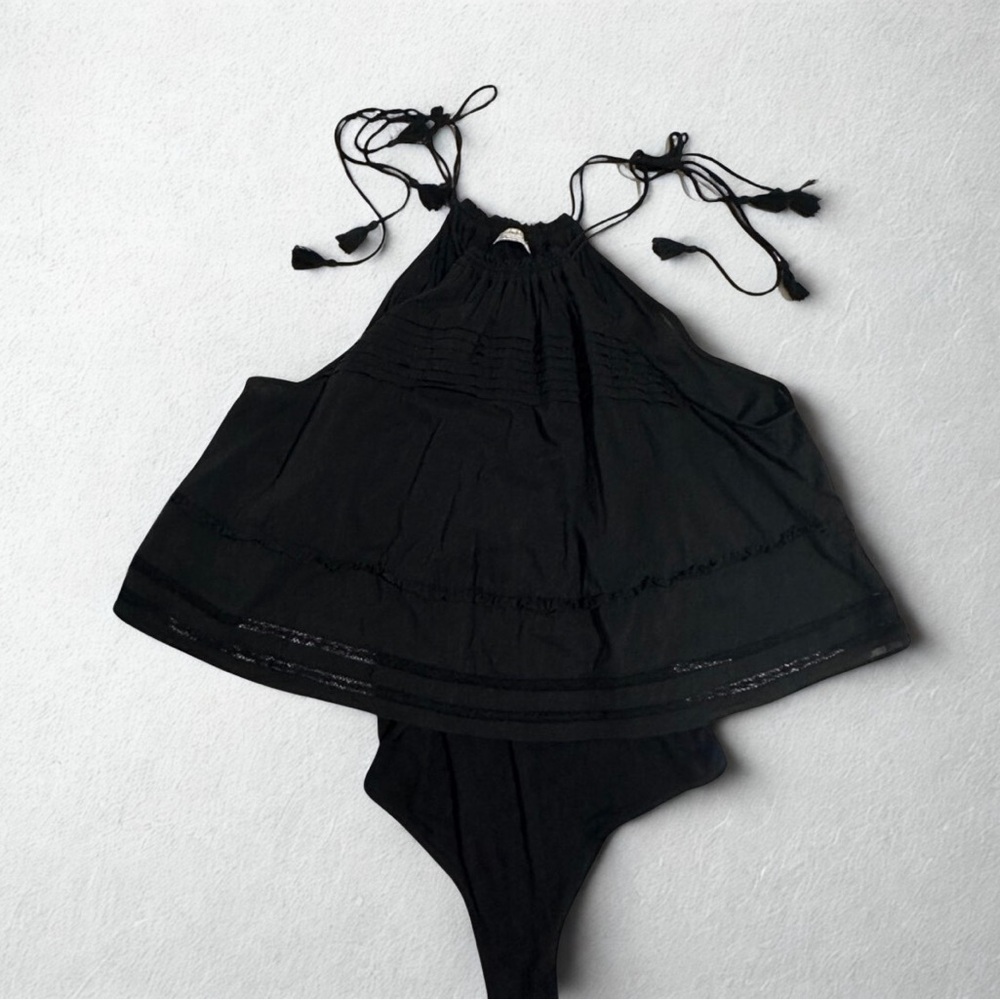 Free People Black Fringe Tassel Layered Onsie Tank - Boho One-Piece Top - Picture 3 of 4